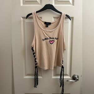 Forever 21 Beige Crop Tank with Black Lace-Up Sides and Pink Heart Accent